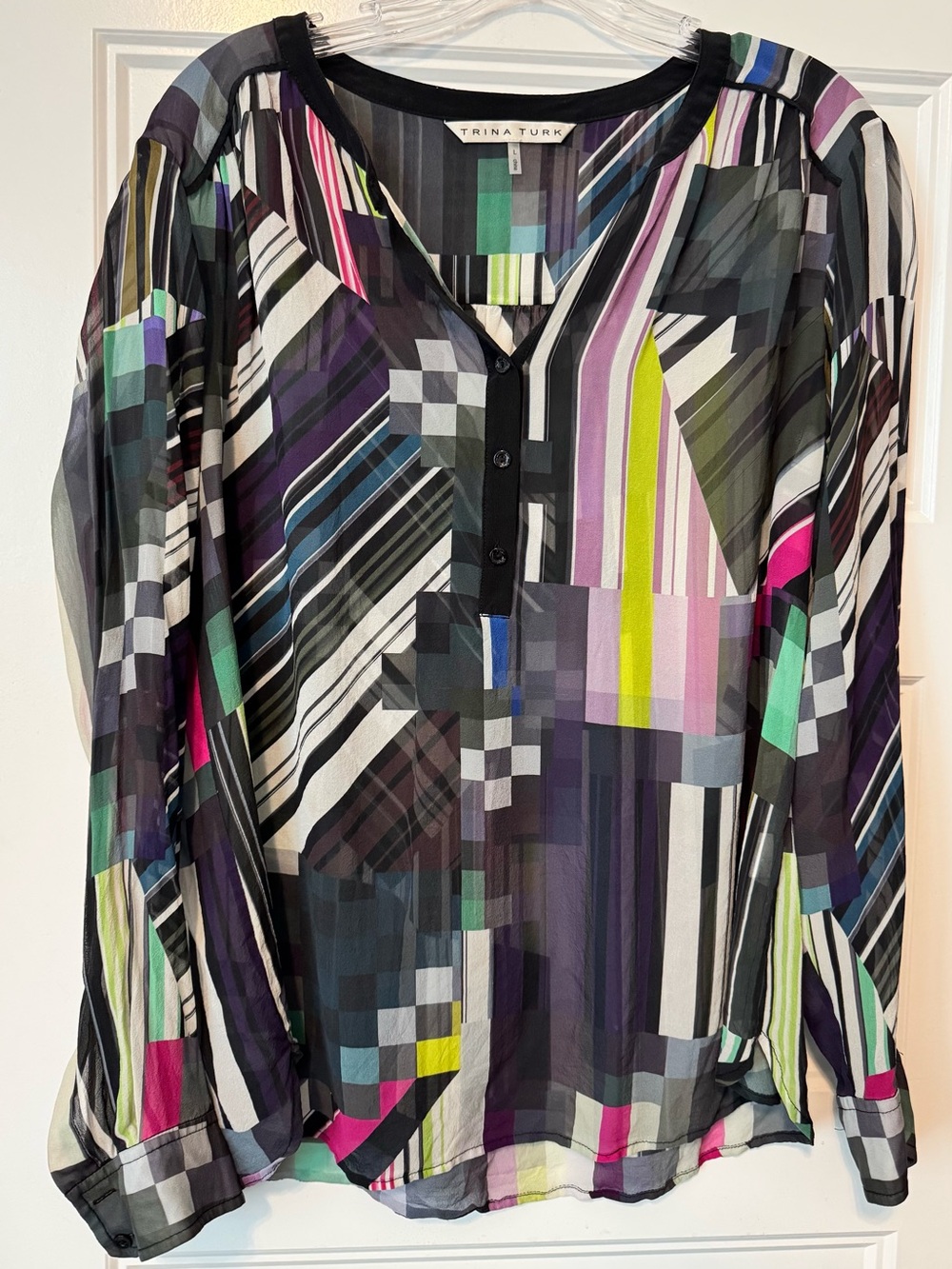 Trina Turk Multicolor Geometric Print Sheer Blouse